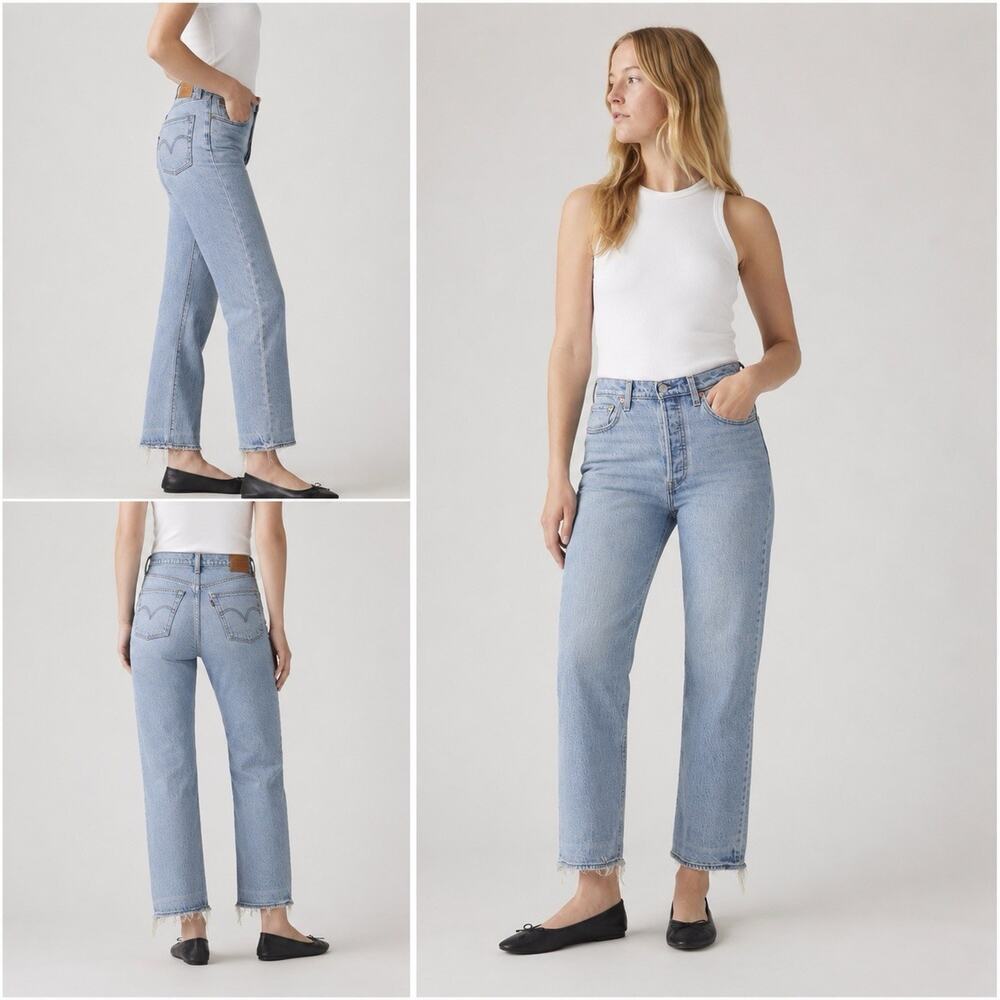 Levi’s Ribcage Straight Jeans Women 30 Big E Raw Hem High Rise Button Fly Light